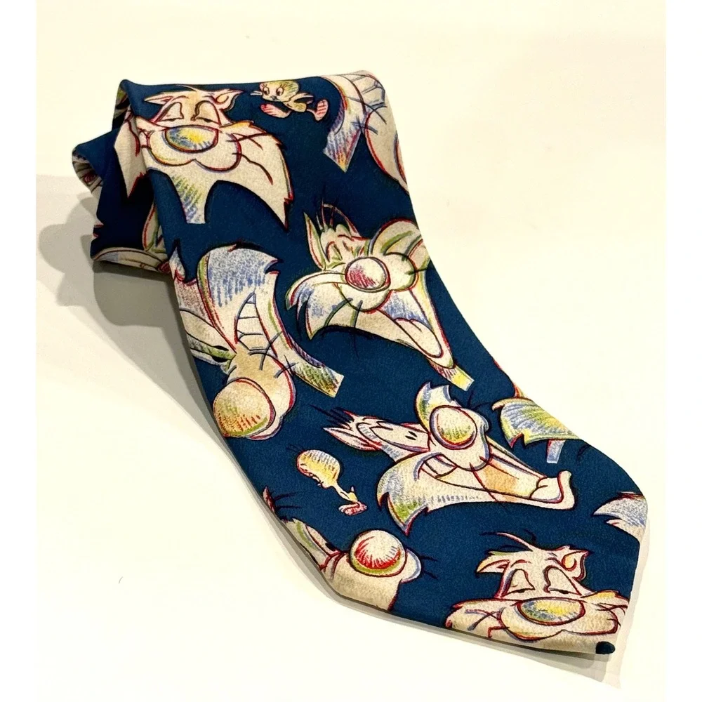 Vintage 1993 Looney‎ Tunes Sylvester Tweety Silk Tie Balancine Blue Cartoon 90s